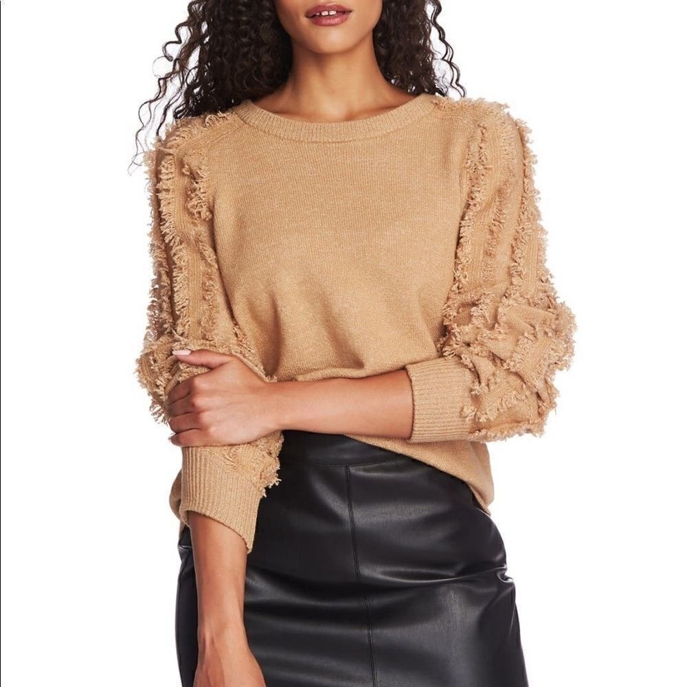 1.STATE Fringe Sleeve Sweater Top, Size Small (4-6), Tan, Wild Oak, Cozy, NWT - Picture 11 of 11